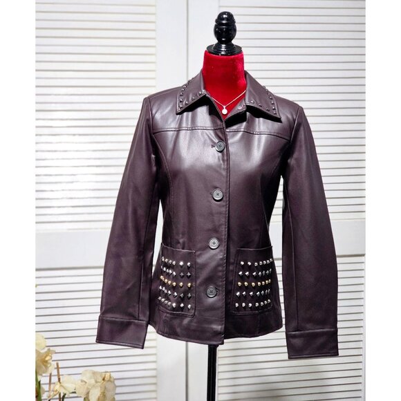 NWOT Dennis Basso Women's Dark Mahogany Faux Leather Studded Jacket Sz XXS 2207 - Picture 2 of 15